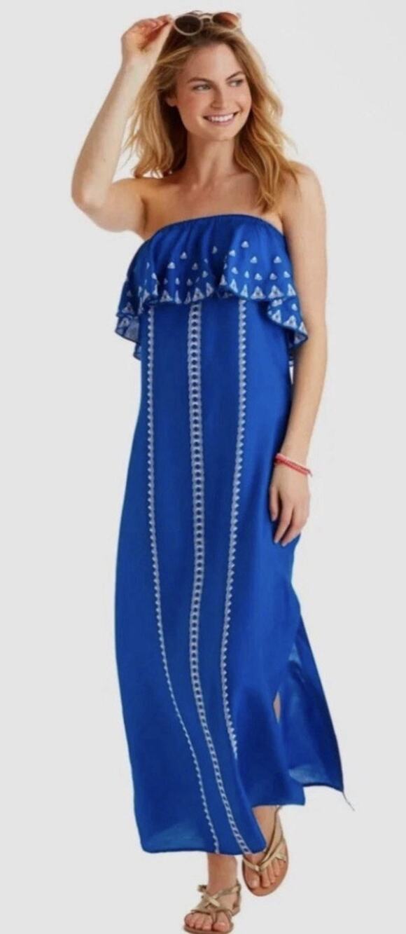 Vineyard Vines Embroidered Strapless Silk Blend Maxi Dress Blue Resort Size 8